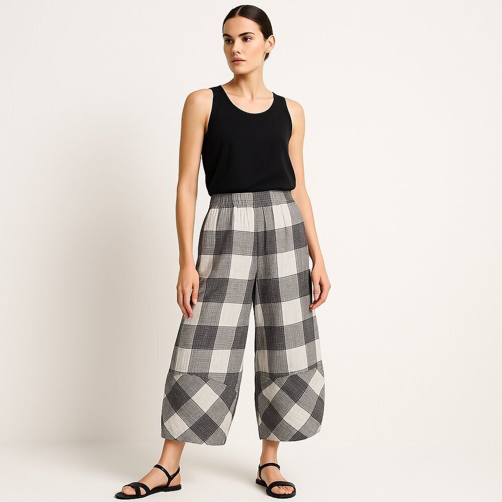 Yushi Plaid Lantern Cocoon Gauze Pants Black White Crinkle Lagenlook Crop Med